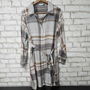 Maurices Women's Plaid Button-Up Belted Dress Size L Gray and Brown